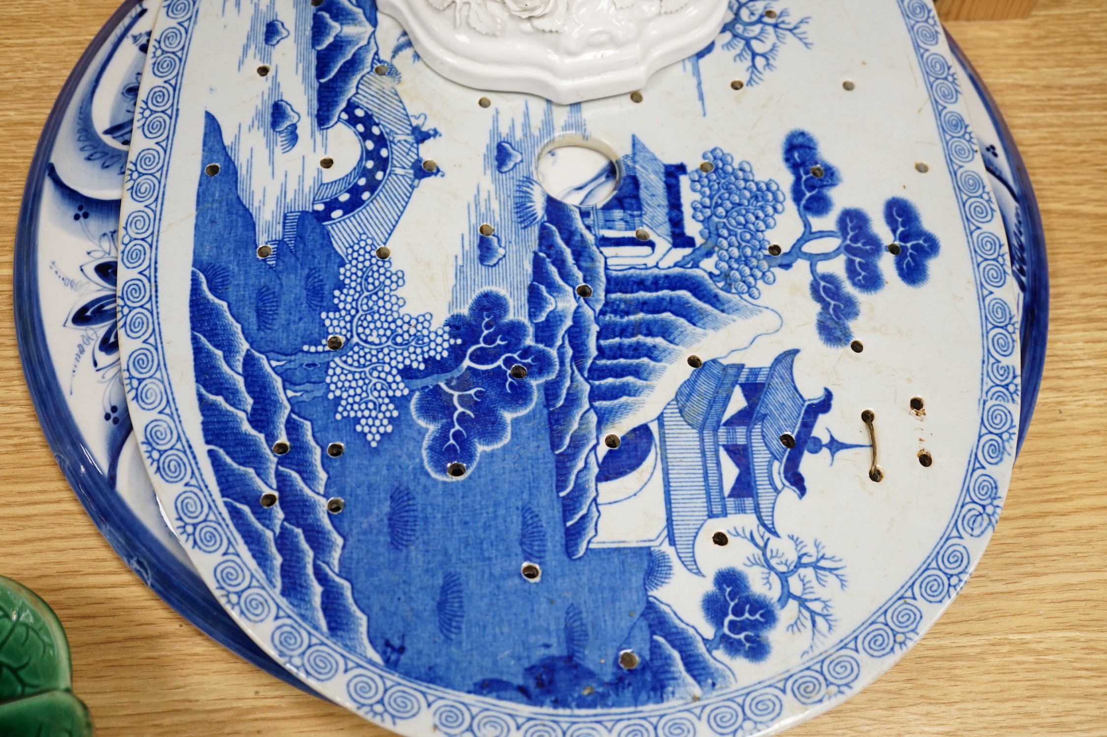 A Victorian blue printed strainer and other various ceramics